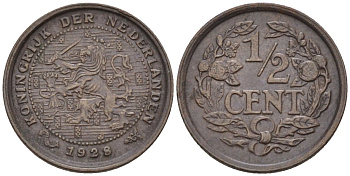 Нидерланды 1/2 цента 1928 Вильгельмина (1890-1948) KM 138 бронза 4588-948