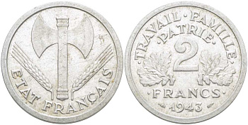 Франция 2 франка 1943 правительство Виши KM 904.1, LE FRANC 270.2 алюминий 215-523
