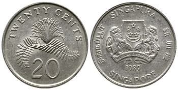 Сингапур 20 центов 1989 KM 52 медно-никель 4610-1046