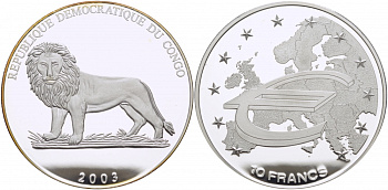 Конго 10 франков 2003 Евросоюз Schoon 177 серебро PROOF 1077-3-23
