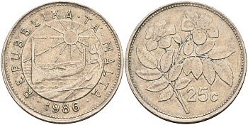 Мальта 25 центов 1986 шиповник вечнозелёный KM 80 медно-никель 65-1014