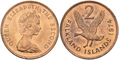 Фолклендские острова 2 пенса 1974 Елизавета II (1952-2022), магелланов гусь KM 3 бронза 4153-657