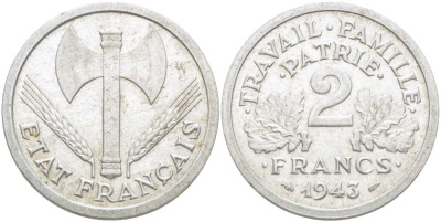 Франция 2 франка 1943 правительство Виши KM 904.1, LE FRANC 270.2 алюминий 215-523