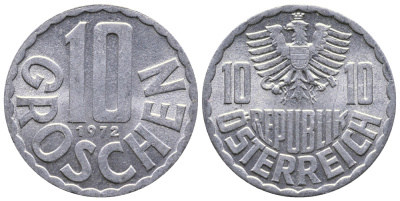 АВСТРИЯ 10 ГРОШЕЙ 1972 KM 2878 алюминий 53-857