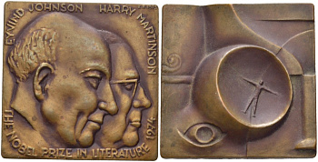 НИДЕРЛАНДЫ ПЛАКЕТКА 1975 ЭЙВИНД ЮНСОН (1900-1976) И ХАРРИ МАРТИНСОН (1904-1978) ПИСАТЕЛИ, ЛАУРЕАТЫ НОБЕЛЕВСКОЙ ПРЕМИИ ПО ЛИТЕРАТУРЕ 1974 ГОДА, РАЗМЕР 40Х40 ММ. бронза 1088-2-34