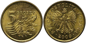 ПОЛЬША 5 ГРОШЕЙ 2009 MW KM 278 латунь 201-436