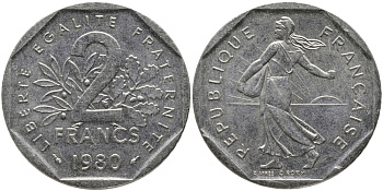 ФРАНЦИЯ 2 ФРАНКА 1980 СЕЯТЕЛЬ KM 942.1, LE FRANC 272.4 никель 65-1031
