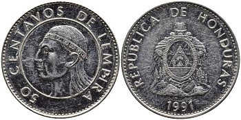 Гондурас 50 сентаво 1991 бюст касика Лемпира KM 84а.1 сталь плакированная никелем 4390-145