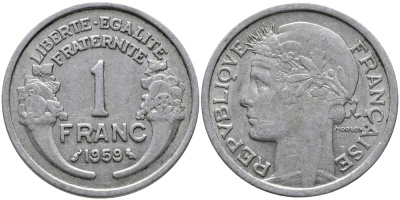 Франция 1 франк 1959 ТИП MORLON, LEGERE KM 885a.1, Le Franc 221.23 алюминий 259-1235