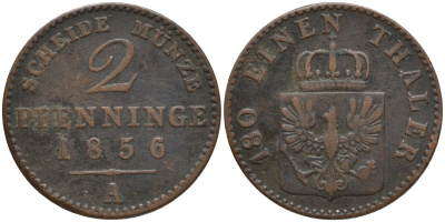 Пруссия 2 пфеннига 1856 A, Фридрих Вильгельм IV (1840-1861) KM 452, Jaeger 51, Olding 336, AKS 91 медь 4544-944