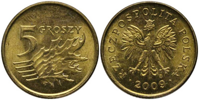 ПОЛЬША 5 ГРОШЕЙ 2009 MW KM 278 латунь 201-436