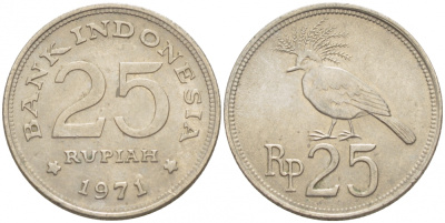 Индонезия 25 рупий 1971 венценосный голубь KM 34 медно-никель UNC 3851-1065