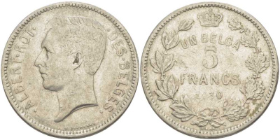 БЕЛЬГИЯ 5 ФРАНКОВ 1930 АЛЬБЕРТ I, DES BELGES KM 97.1 никель 3851-122