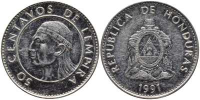 Гондурас 50 сентаво 1991 бюст касика Лемпира KM 84а.1 сталь плакированная никелем 4390-145