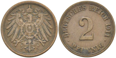 ГЕРМАНИЯ 2 ПФЕННИГА 1911 A KM 16, J. 11, Weege 4 медь 212-347