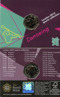 Великобритания 50 пенсов 2011 XXX летние Олимпийские игры в Лондоне в 2012 году, гребля на каноэ, в оригинальном картонном буклете, с Олимпийской голограммой (8/29) KM 1168 медно-никель  UNC  3-6-6-04