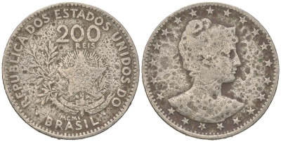 Бразилия 200 реалов 1901 MCMI, голова свободы вправо KM 504 медно-никель 4612-133