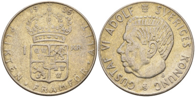 Швеция 1 крона 1956 TS, Густав VI Адольф (1950-1973) KM 826 серебро 4148-1152