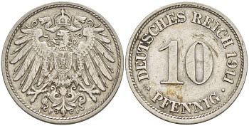 Германия 10 пфеннигов 1911 F KM 12, Jager 13, Weege 8 медно-никель 219-216