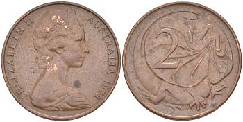 АВСТРАЛИЯ 2 ЦЕНТА 1978 ЕЛИЗАВЕТА II, МОЛОДОЙ ПОРТРЕТ, ПЛАЩЕНОСНАЯ ЯЩЕРИЦА (FRILLED LIZARD) KM 63 бронза 119-1222