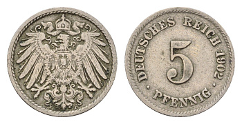 Германия 5 пфеннигов 1902 F, Вильгельм II (1888-1918) KM 11, J. 12 медно-никель 4632-1246