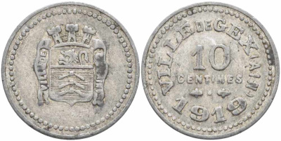 ФРАНЦИЯ 10 САНТИМОВ 1919 VILLE de GEX, ТОКЕН, ГОРОД ЖЕКС Elie 10.2 алюминий 24-746