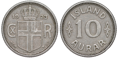 Исландия 10 эйре 1923 HCN GJ, Кристиан X (1912-1944) KM 1.1 медно-никель 4596-412