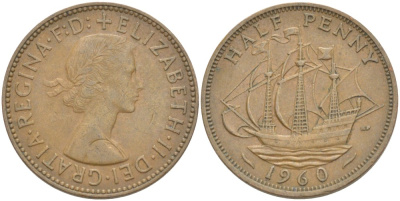 Великобритания 1/2 пенни 1960 Елизавета II (1952-2022) KM 896, Spink 4158 бронза 4544-125