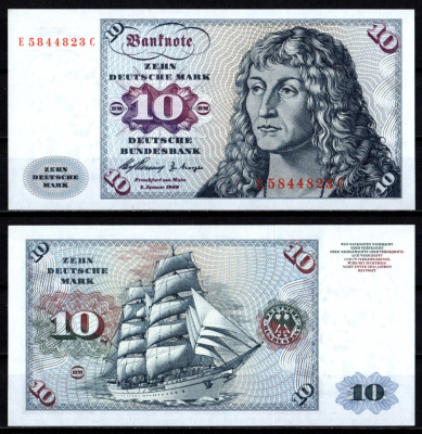 ФРГ 10 марок 1960 Альбрехт Дюрер. Kорабль "Горх Фок" Pick 19 бумага UNC (пресс) 451-1107-3