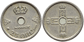 НОРВЕГИЯ 25 ЭРЕ 1924 ХОКОН VII (1905-1957) KM 384 медно-никель 4396-419