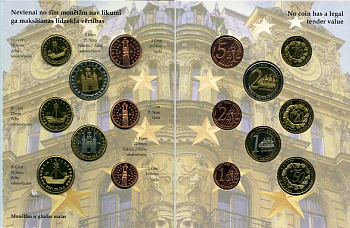 Латвия набор из 8 европробников 2004 в оригинальном картонном буклете, тираж 12500 экз 5-6-3-42