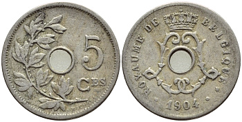 БЕЛЬГИЯ 5 САНТИМОВ 1904 BELGIQUE KM 54 медно-никель 4396-353