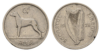 Ирландия 6 пенсов 1928 собака, ирландский волкодав KM 5 никель 4608-135