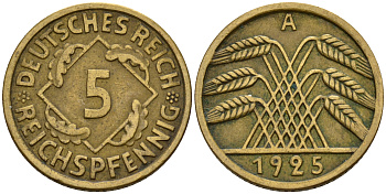 Германия 5 рейхспфеннигов 1925 A KM 39, J. 316, Weege 7 алюминиевая бронза    4598-1161