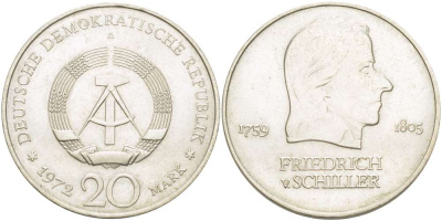 ГДР 20 марок 1972 А, Фридрих Шиллер (1759-1805) KM 40 медно-никель 4521-646