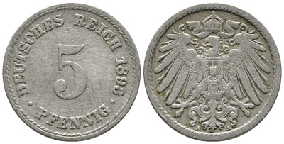 ГЕРМАНИЯ 5 ПФЕННИГОВ 1893 A KM 11, J. 12 медно-никель 39-647