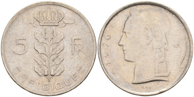 БЕЛЬГИЯ 5 ФРАНКОВ 1976 BELGIQUE KM 134.1 медно-никель 4589-814