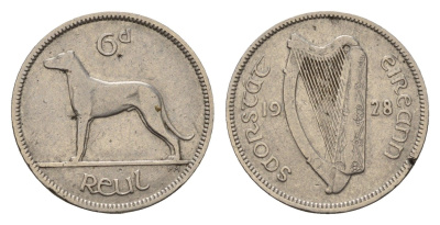Ирландия 6 пенсов 1928 собака, ирландский волкодав KM 5 никель 4608-135