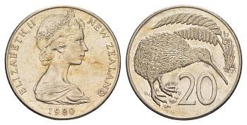 Новая Зеландия 20 центов 1980 Елизавета II (1952-2022), птичка киви KM 36 медно-никель 87-1013
