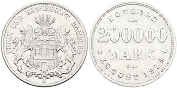 Гамбург 200000 марок 1923 Funck 636.1, Men18 13079.17 алюминий  aUNC 4577-914