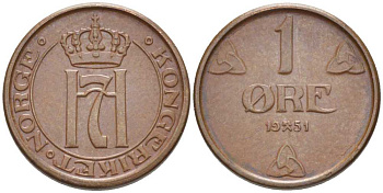 НОРВЕГИЯ 1 ЭРЕ 1951 ХОКОН VII (1905-1957) KM 367 бронза 116-1067