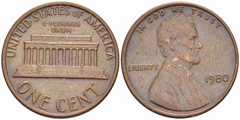 США 1 цент 1980 Авраам Линкольн KM 201 медь цинк 105-639