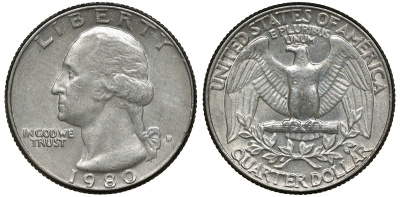 США 25 центов (квотер) 1980 D, Вашингтон KM А164а медь покрытая медно-никелем 72-644