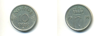 НОРВЕГИЯ 10 ЭРЕ 1954 KM 396 медно-никель 80-853