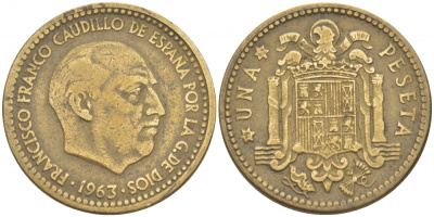 Испания 1 песета 1963 (63) Франсиско Франко (1939-1975) KM 775 алюминиевая бронза 87-1441