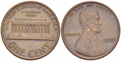 США 1 цент 1980 Авраам Линкольн KM 201 медь цинк 105-639