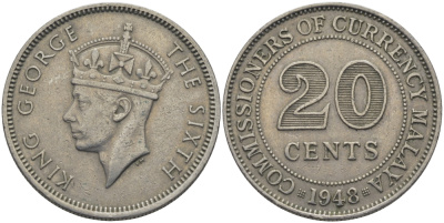 Британская Малайя 20 центов 1948 Георг VI (1937-1952) KM 9 медно-никель 59-711