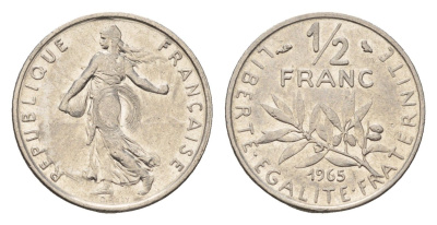 Франция 1/2 франка 1965 KM 931.1 никель 4685-325