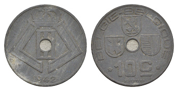 Бельгия 10 сантимов 1942 Belgie - Belgique, Леопольд III (1934-1947), германская оккупация, Вторая мировая война KM 126 цинк 4617-147