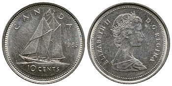 КАНАДА 10 ЦЕНТОВ 1985 ПАРУСНИК, ЕЛИЗАВЕТА II KM 77.2 никель 35-133
